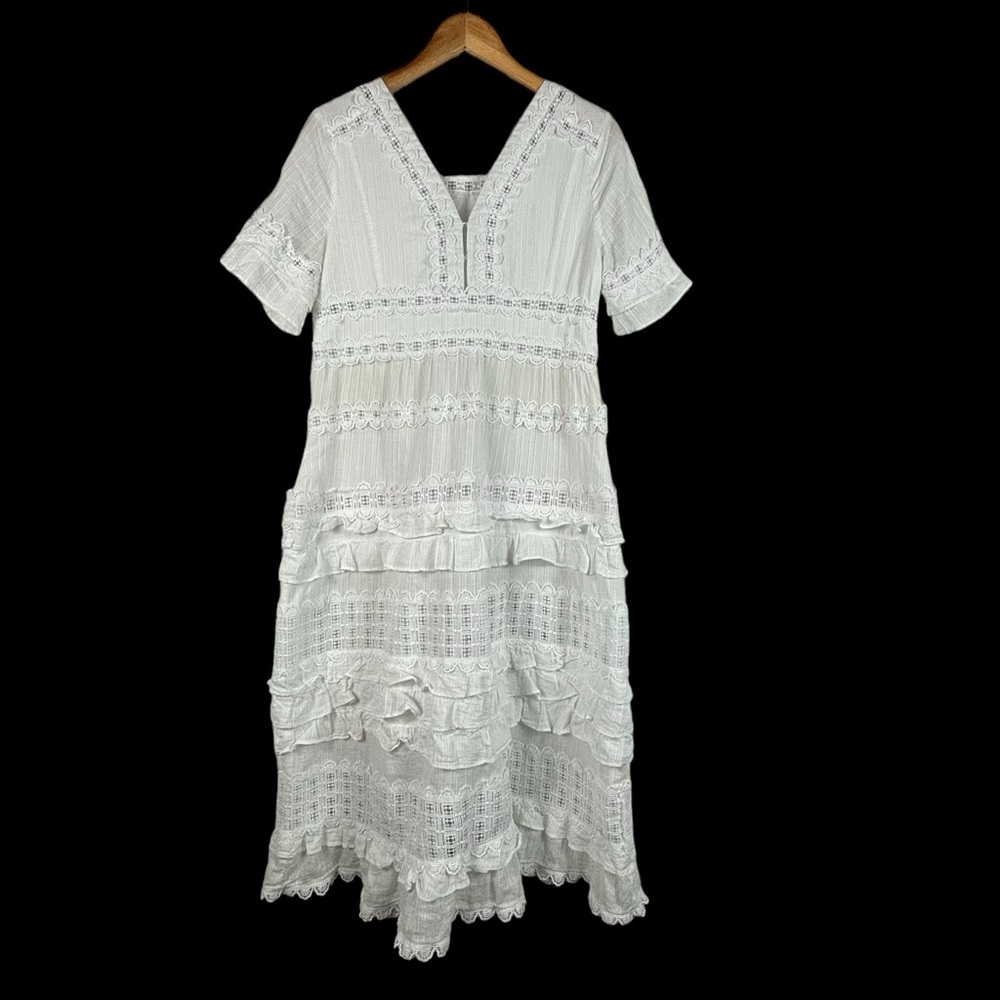REBA White Cotton Mixed Lace Ruffle Boho V-Neck Short Sleeve Midi Dress Size 6 - Picture 2 of 9